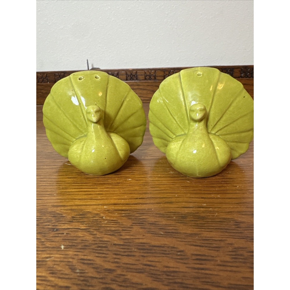 Vintage Peacock Salt & Pepper Shakers Set Green Ceramic 3" Tall